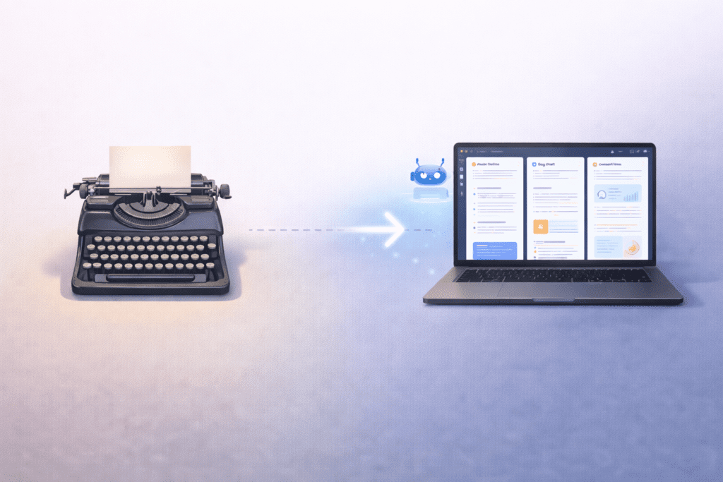 Typewriter evolving into AI tools showing the history of AI writing technology