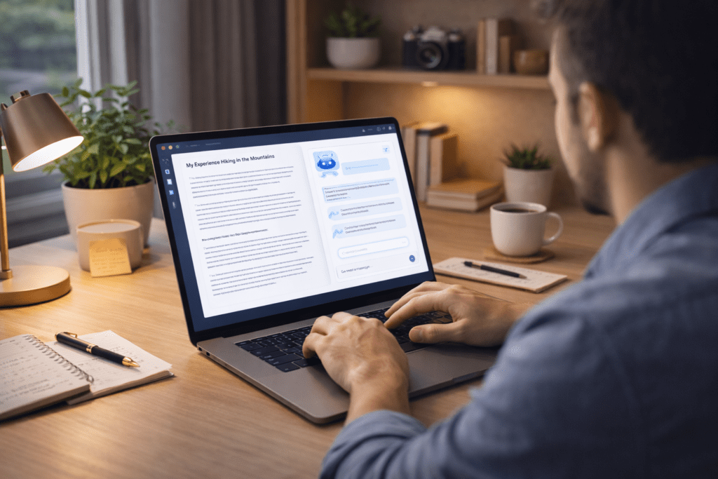 Person learning how to write blog posts with AI on a laptop