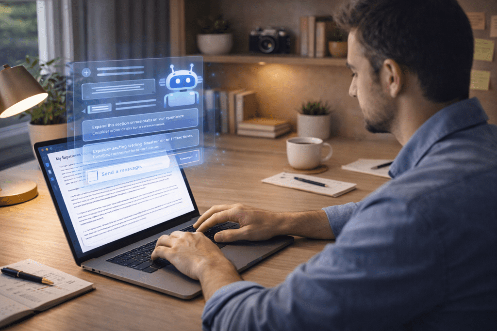 Writer learning how to use AI writing tools effectively on a laptop