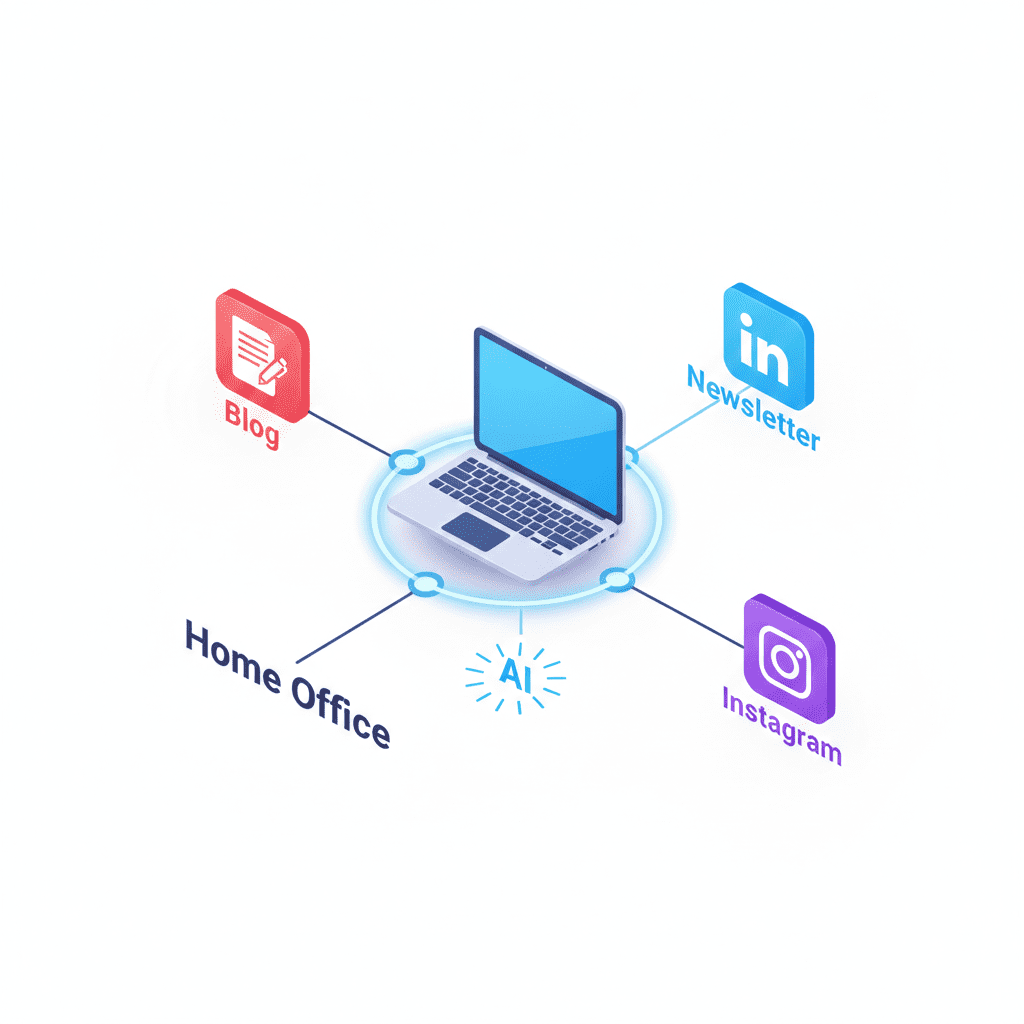 A 3D diagram showing one central "Your Idea" lightbulb connecting to a blog post, an email, and a social media post icon.