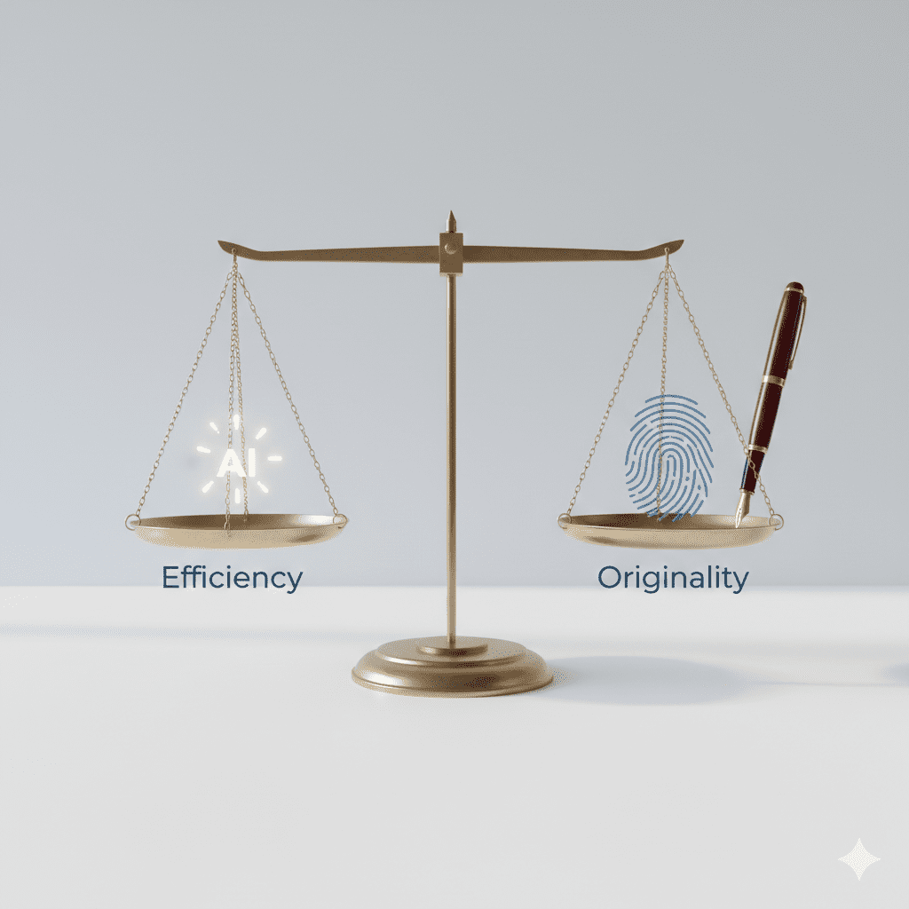 A gold scale balancing the pros and cons of AI writing tools, showing speed on one side and human originality on the other.
