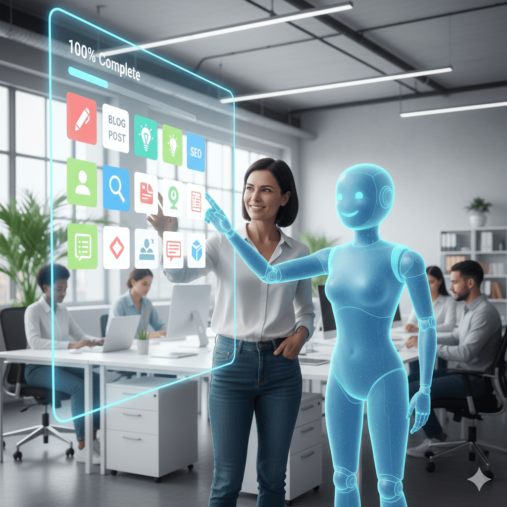 A woman in a modern office standing next to a friendly blue digital robot, both working together to manage a 100% complete content dashboard.