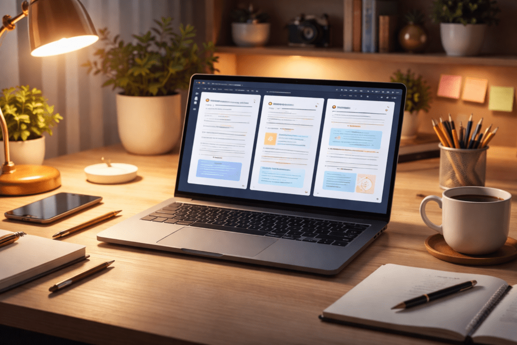 Laptop displaying the best AI writing tools in a cozy home office