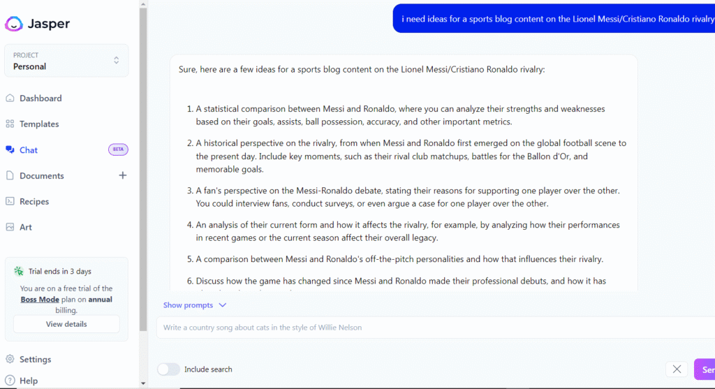 Jasper AI chat interface generating content ideas in this Jasper AI review