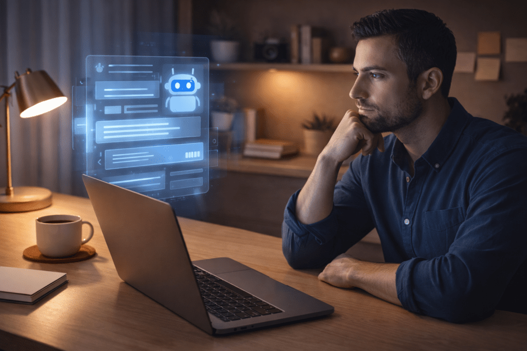 Writer thinking while using AI tools in discussion about AI replace human writers