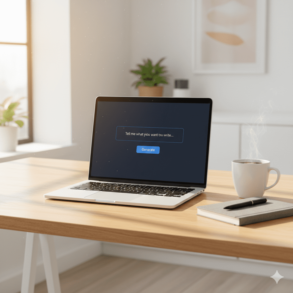 A laptop on a wooden desk showing an AI writing tool prompt that says "Tell me what you want to write" next to a steaming cup of coffee.