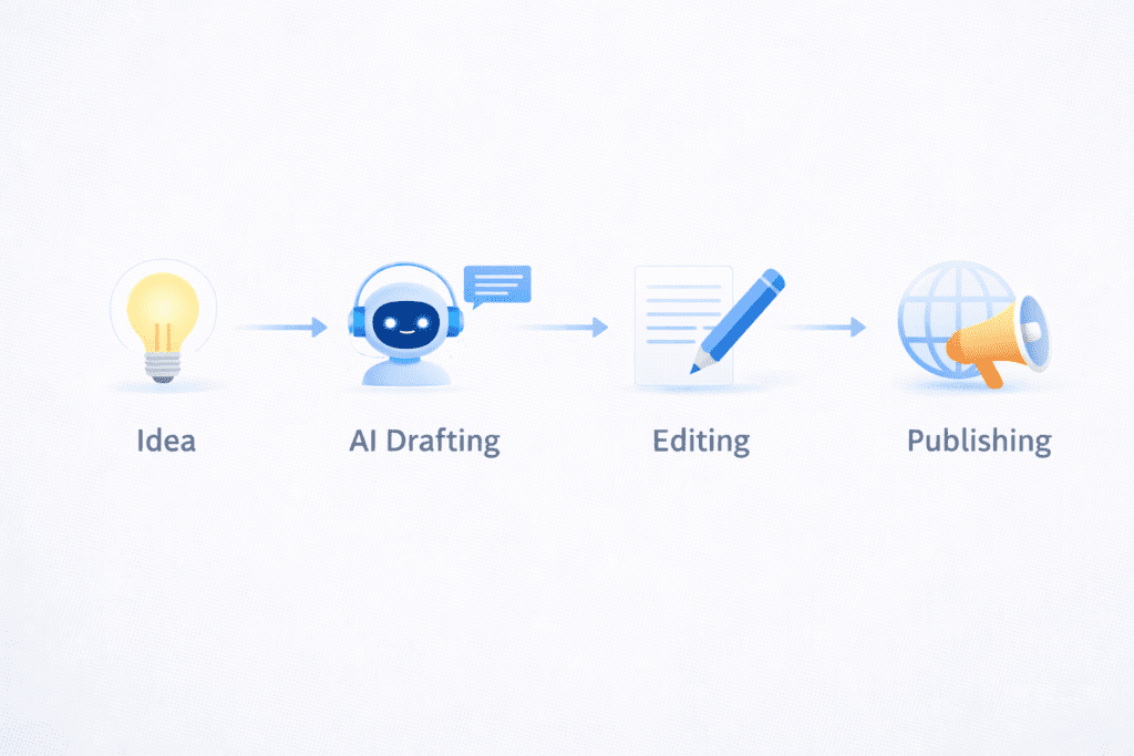 Workflow showing how to write blog posts with AI from idea to publishing