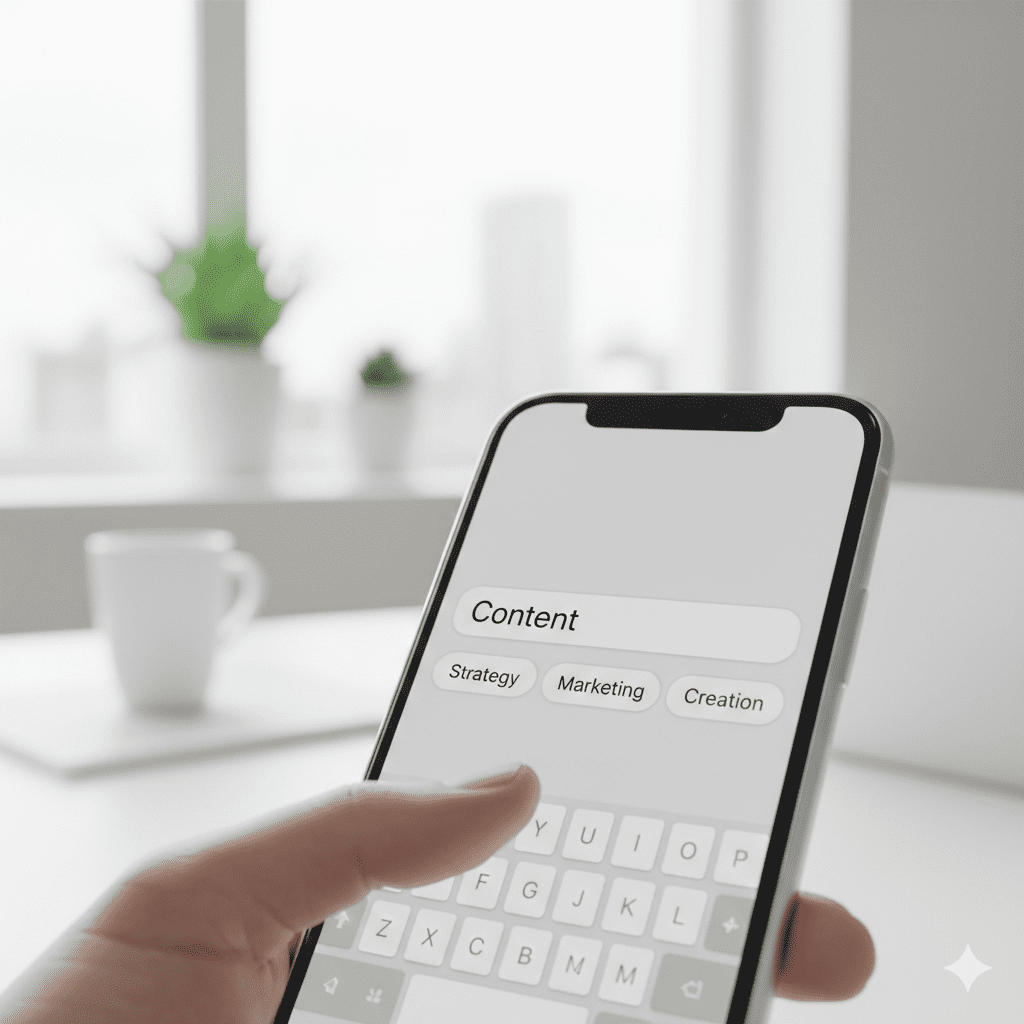 A hand holding a smartphone with an app showing simple buttons for "Strategy," "Marketing," and "Creation."