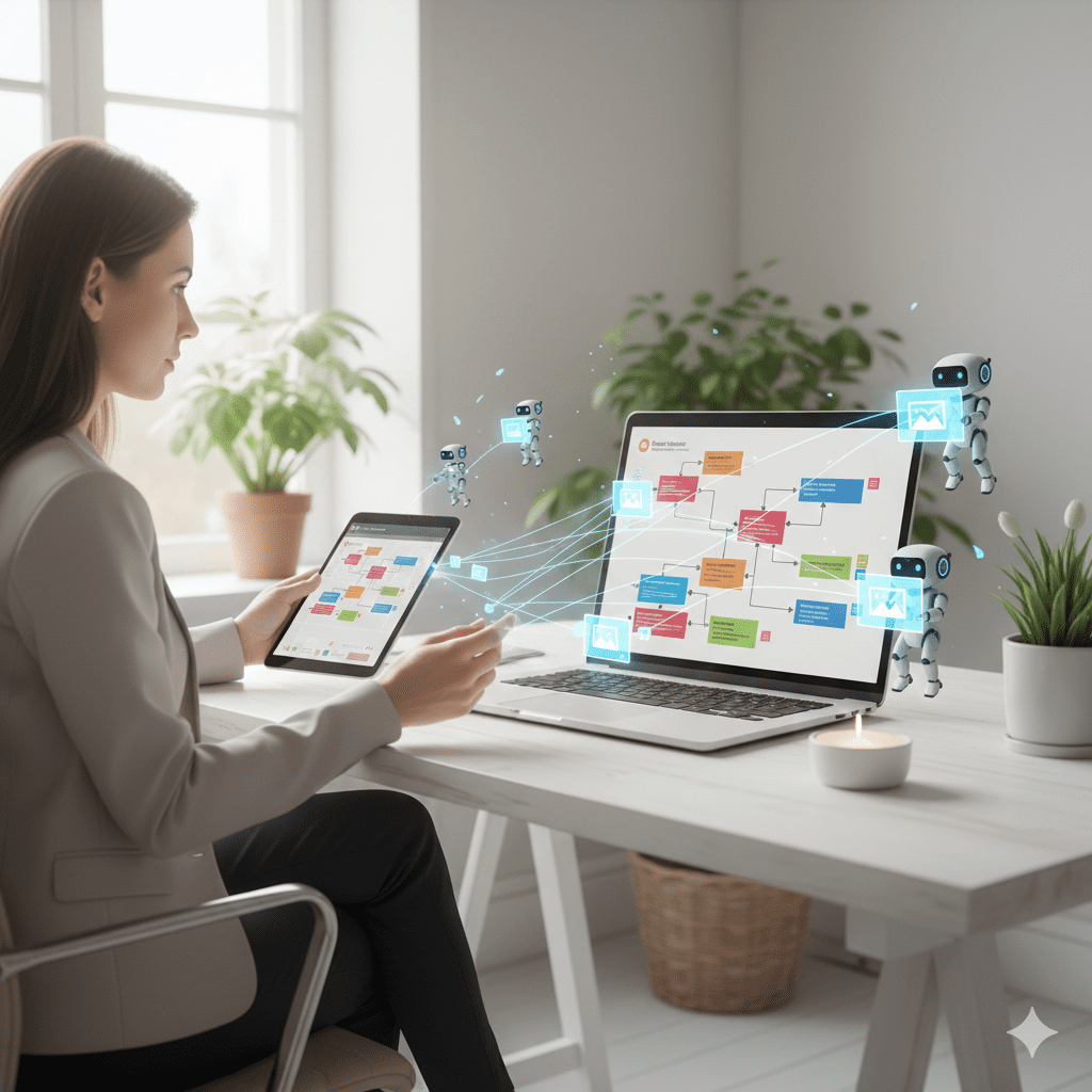 A woman sitting at a desk with a laptop and tablet, surrounded by small floating robot icons that are helping her organize a content map.