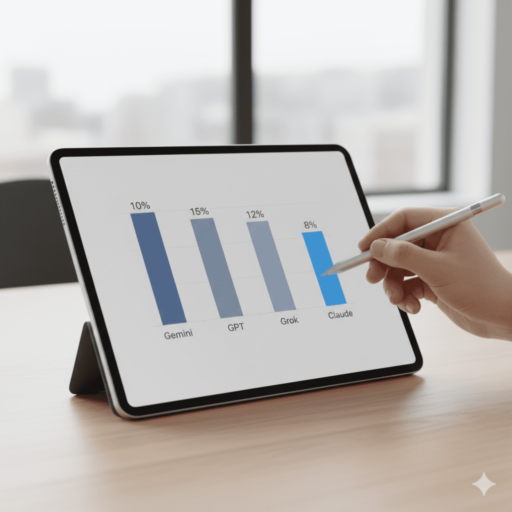 A tablet showing a simple bar chart that compares different popular tools like Gemini and ChatGPT based on their performance scores