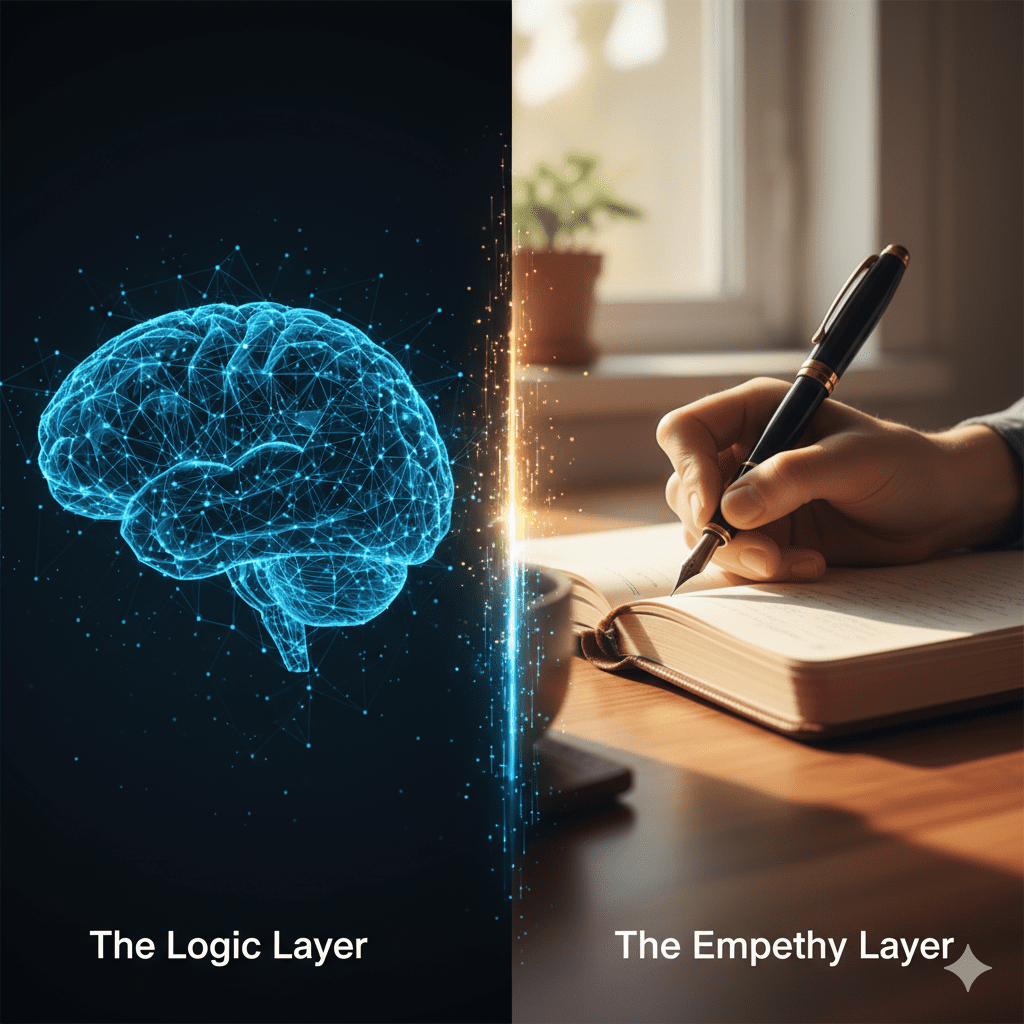 A split-screen image comparing a digital "Logic Layer" brain on the left with a human "Empathy Layer" hand writing with a pen on the right.