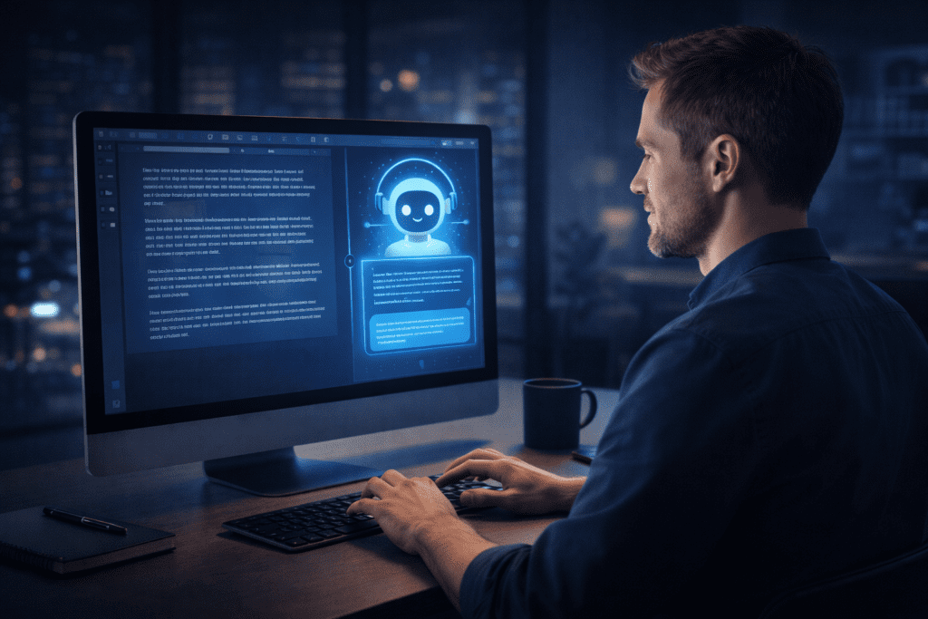 Writer using an AI writing assistant on a desktop computer at night