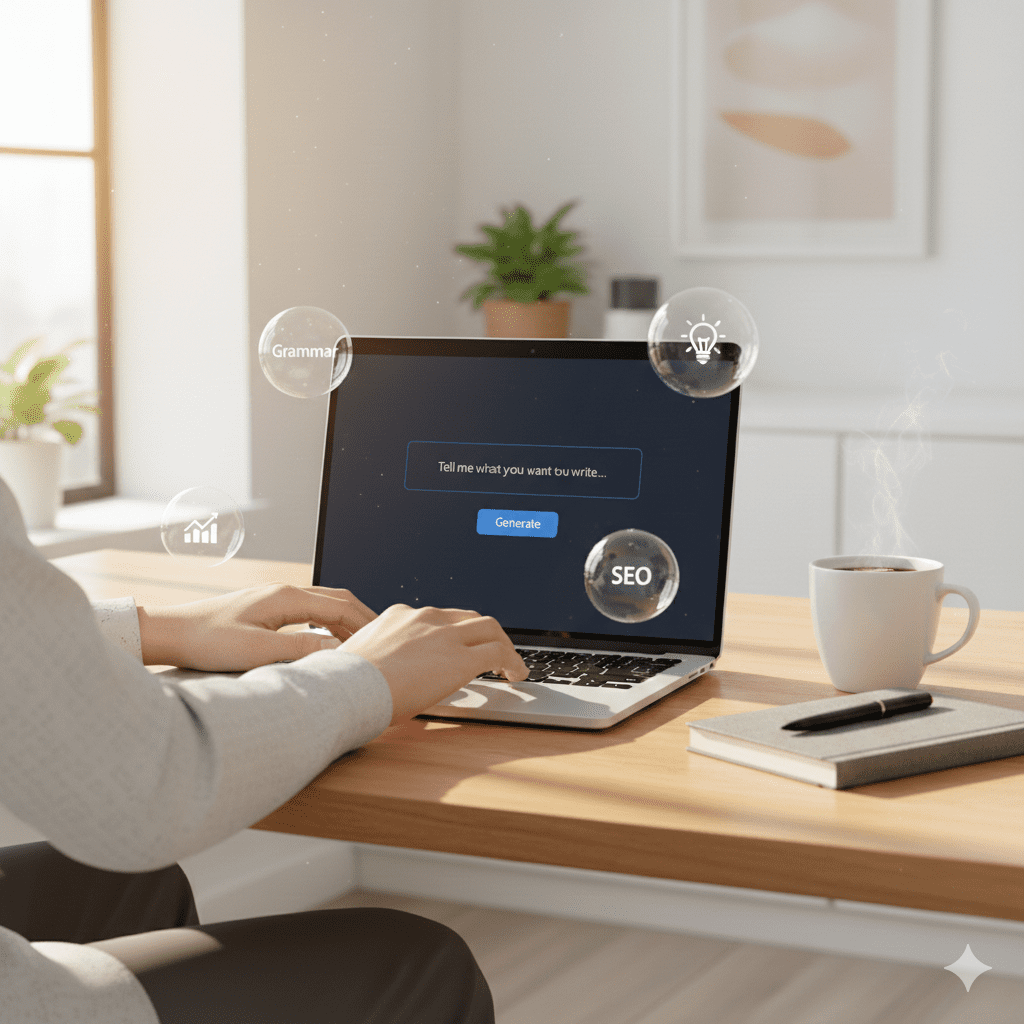 A person’s hands typing on a laptop with floating bubbles representing Grammar, SEO, and Ideas, illustrating how AI writing tools assist the creative process.
