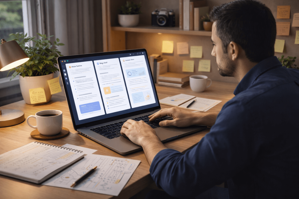 Content creator using AI writing tools showing how AI replace human writers debate