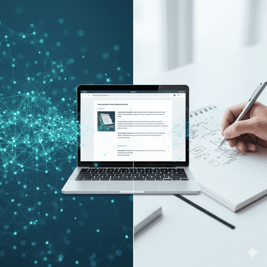 A split-screen image showing a digital brain on a laptop to help explain what are AI writing tools and how they work with human writers.