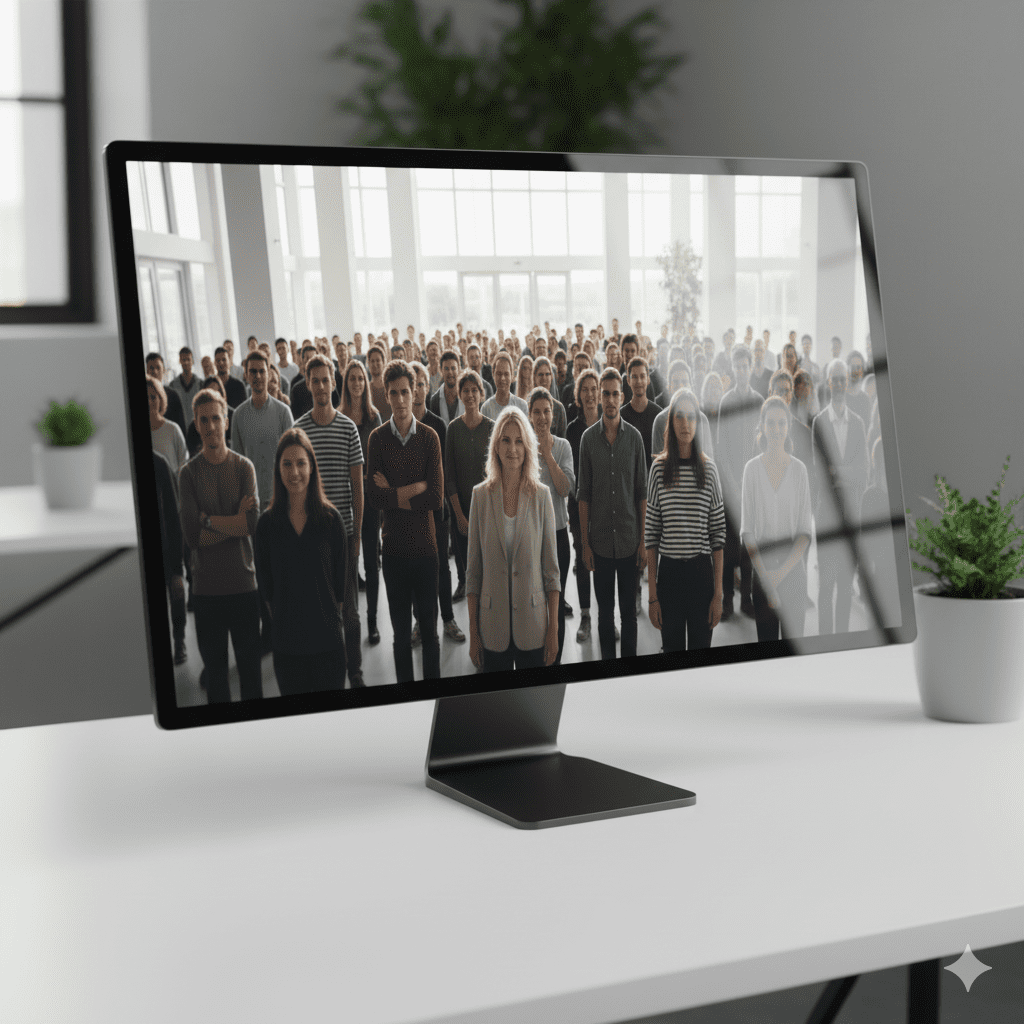 A computer monitor displaying a large group of diverse people to represent the readers who will see your blog posts.