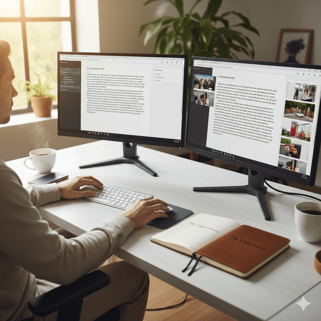A content creator working at a desk with two computer monitors, one showing a digital draft and the other showing a final polished article.