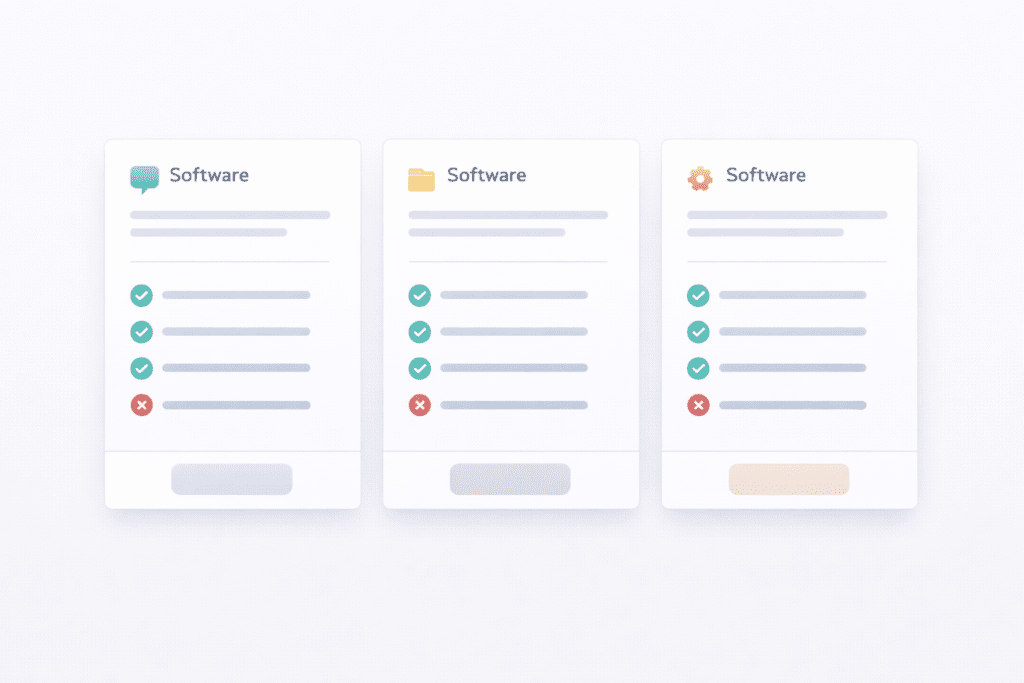 Comparison cards showing features of different AI writing software tools