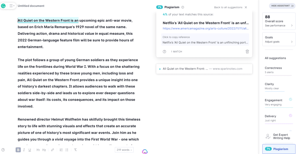 Jasper editor showing plagiarism check in this Jasper AI review