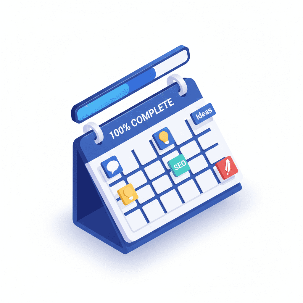 A blue 3D calendar icon with a "100% Complete" progress bar and small icons for SEO, ideas, and writing.