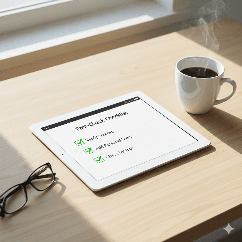 A tablet on a wooden desk showing a "Fact-Check Checklist" with green checkmarks for checking sources and adding stories.