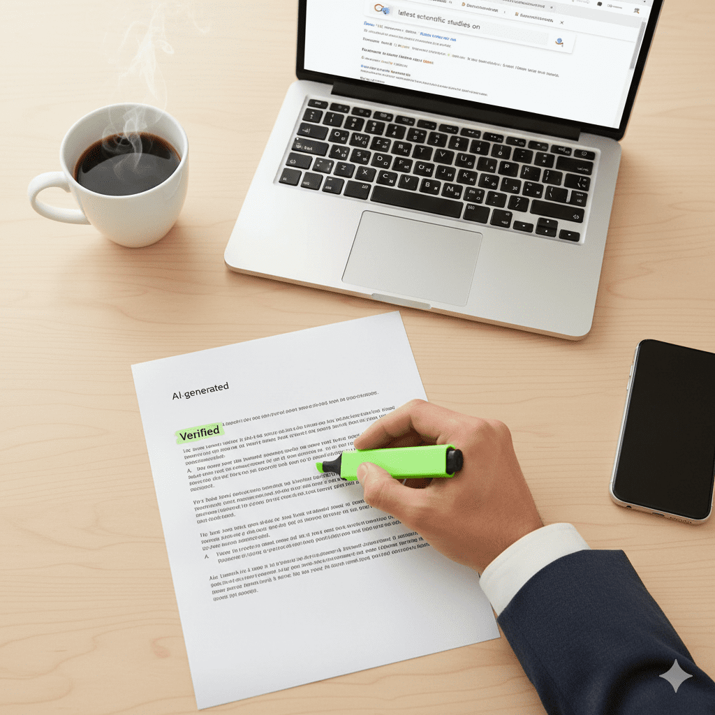 A person using a green highlighter to mark a document as "Verified" to show are AI writing tools accurate when a human checks the work.