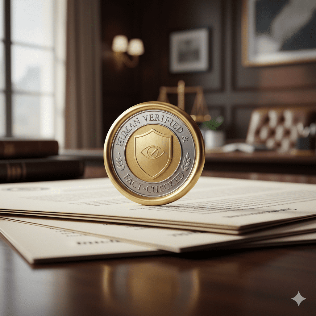 A close-up of a gold and silver coin that says "Human Verified & Fact-Checked" sitting on a stack of printed papers.