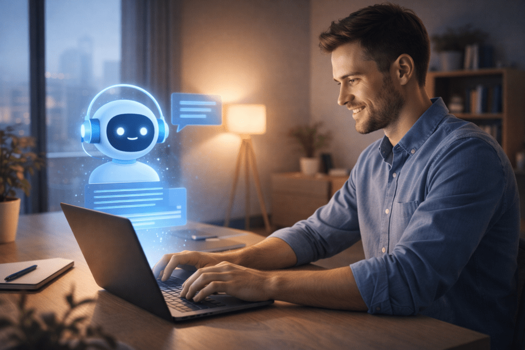 Freelancer collaborating with AI assistant in AI replace human writers discussion