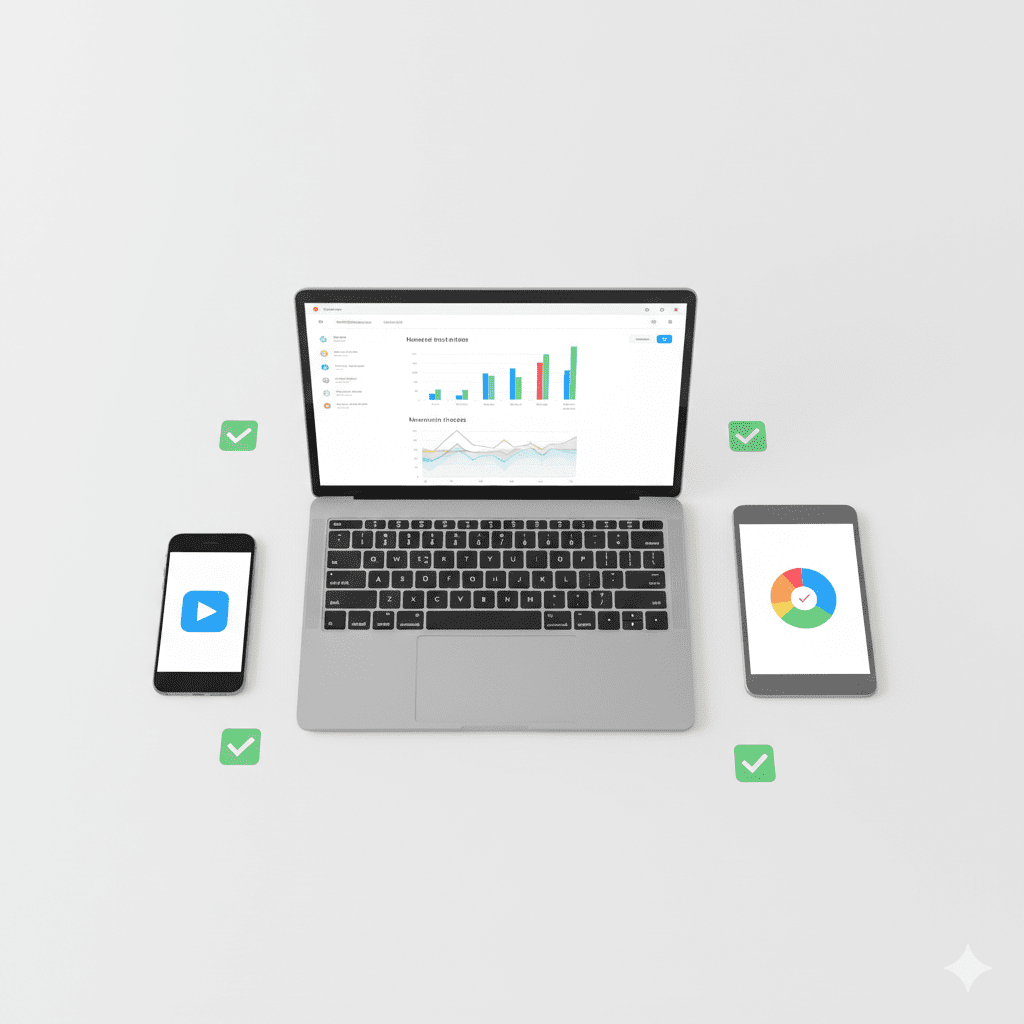 A laptop, smartphone, and tablet displaying data charts and green checkmarks to show successful content scaling across different devices.