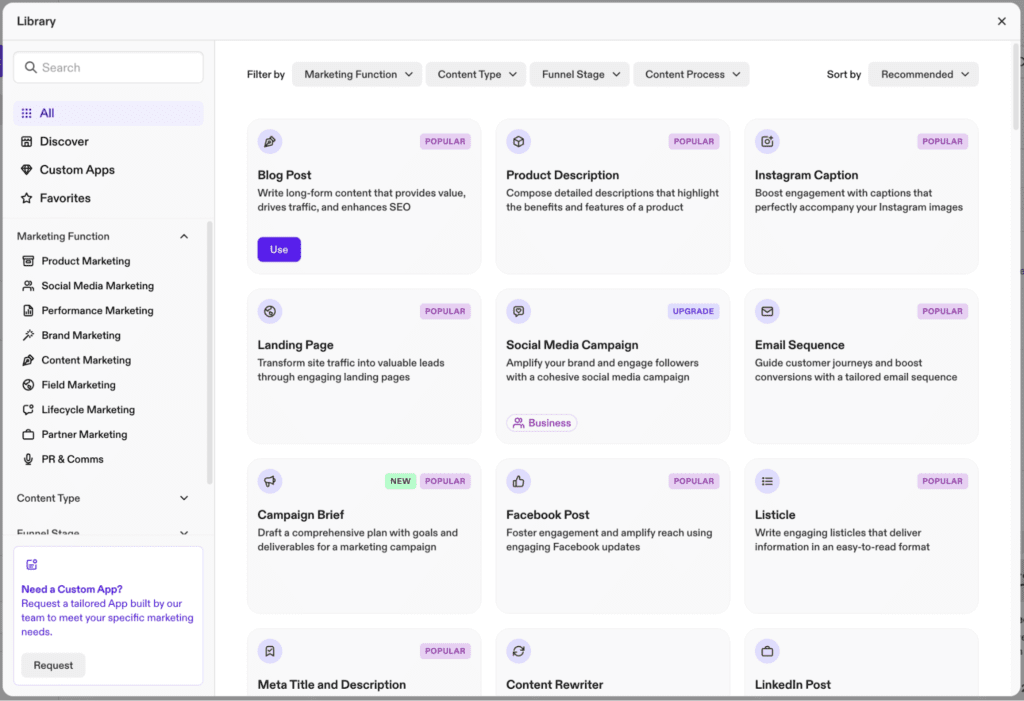 Jasper AI dashboard with templates for blog posts and marketing content