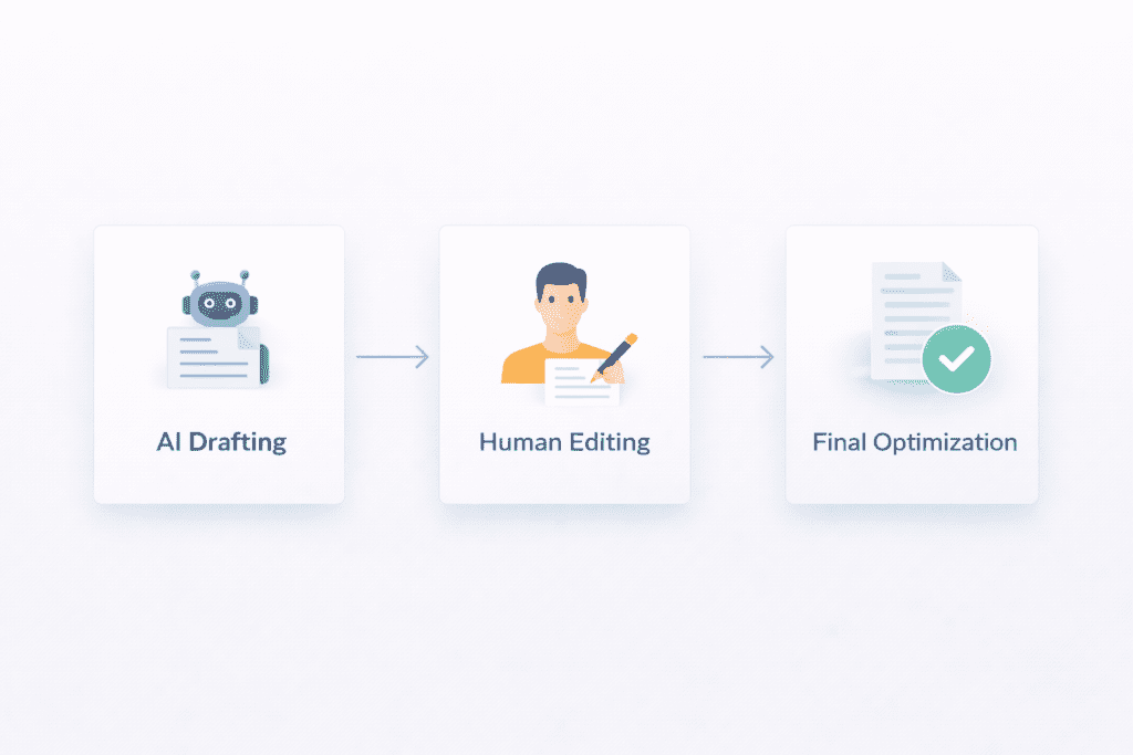 Workflow showing AI drafting, human editing, and final content optimization