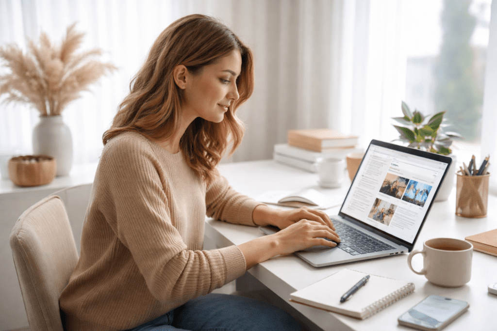 Woman using ai writing prompts while typing on a laptop at home desk