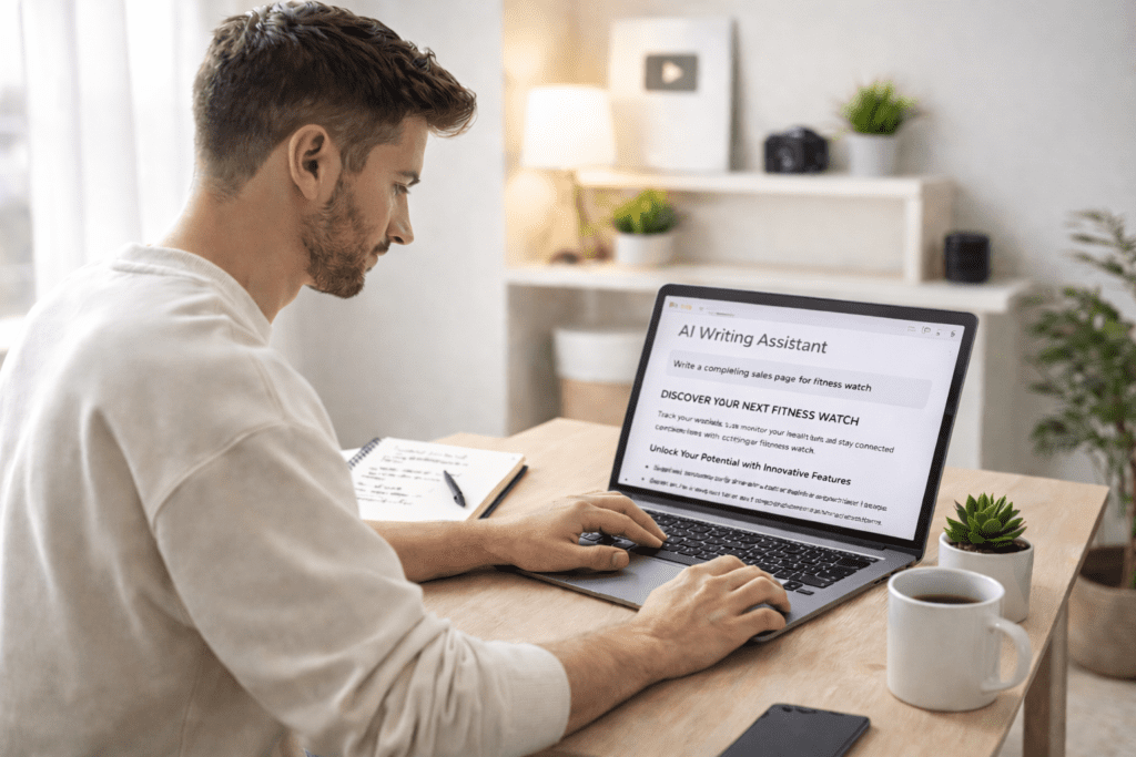 Marketer writing sales content on a laptop using ai copywriting tools for sales pages