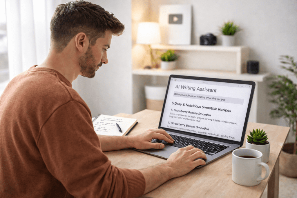 Writer reviewing AI generated article on laptop while learning about common AI writing mistakes