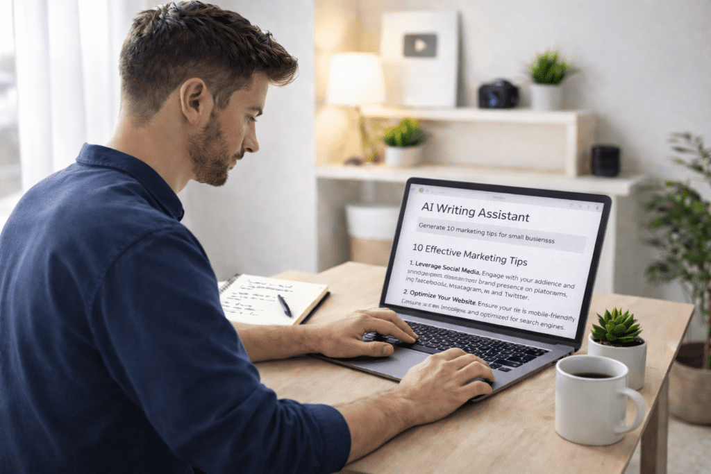 Marketer using an AI writing assistant on a laptop to understand how does Jasper AI work for content creation