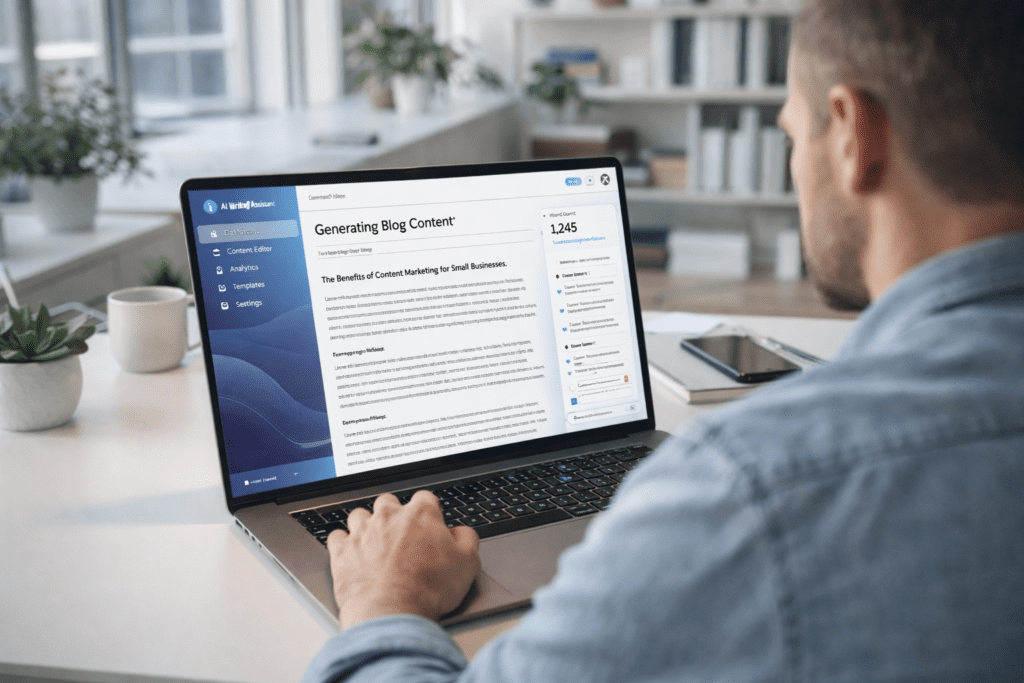 Small business owner using AI writing tools for small business to generate blog content on a laptop