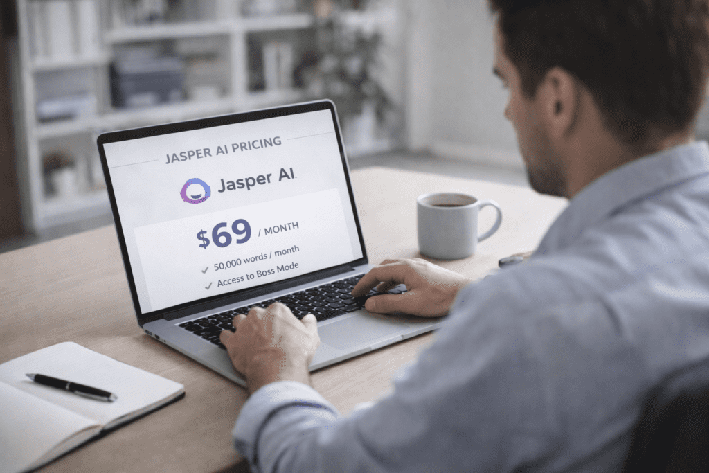 User reviewing jasper ai pricing plan on laptop screen