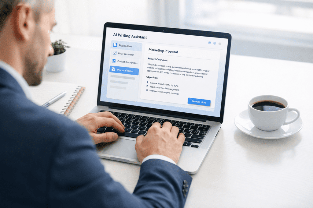 Professional using AI tools for proposal writing on a laptop to create a marketing proposal