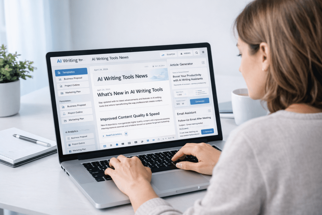 User reading AI Writing Tools News on a laptop using an AI writing assistant dashboard