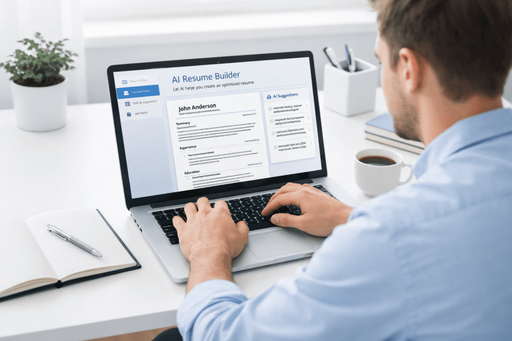 Person using ai tool for resume writing on laptop to create and improve a professional resume