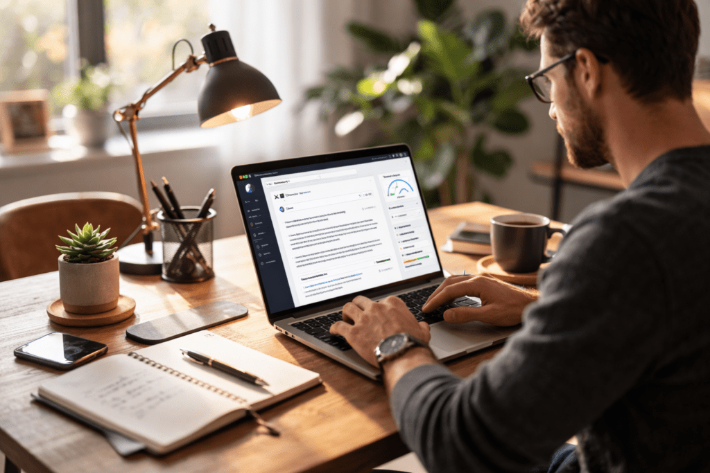 Blogger using AI writing tools for bloggers on a laptop at a home desk