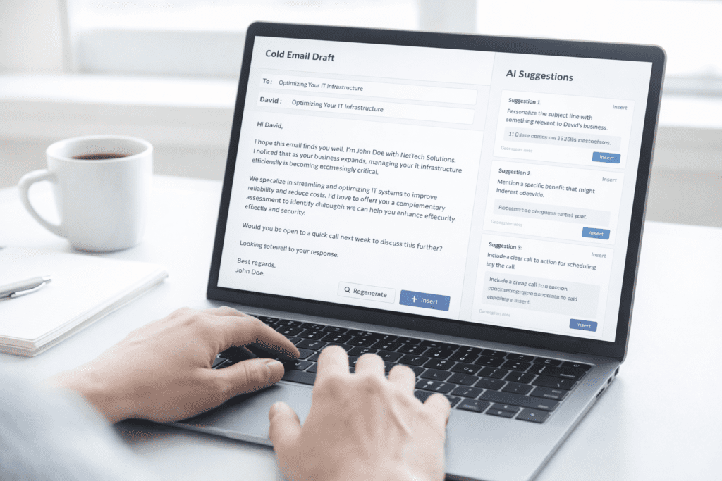 User creating cold email using ai tools for cold email copywriting with AI suggestions on laptop