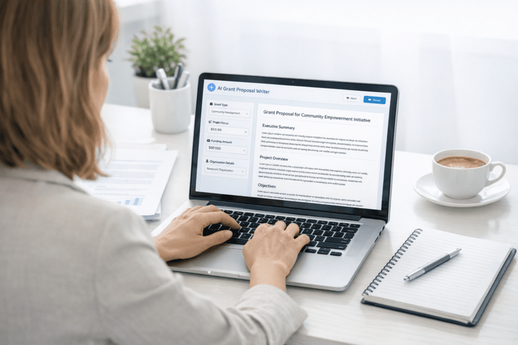 User creating grant proposal using AI Grant Writing Tools on laptop for funding application