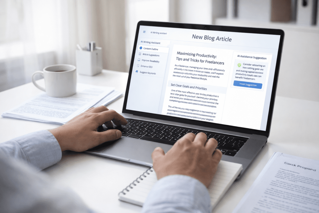 User writing blog article using AI Tools for Content Writing with AI suggestions on laptop
