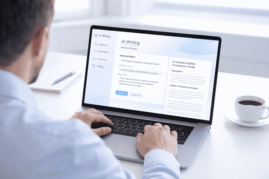 User generating business report using AI Tools for Writing Reports on laptop with AI writing interface