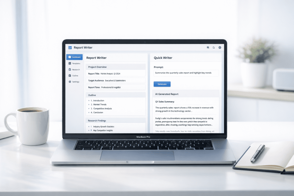 Professional using AI Tools for Speech Writing on laptop to create a clear and structured speech