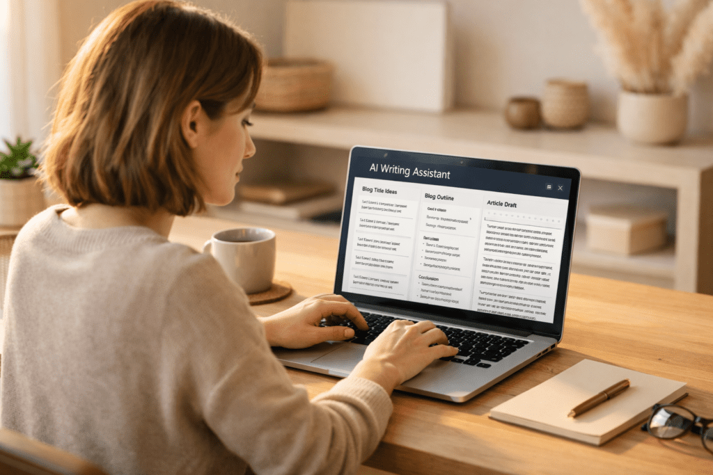 Writer using AI writing tools for SEO on a laptop at a home desk