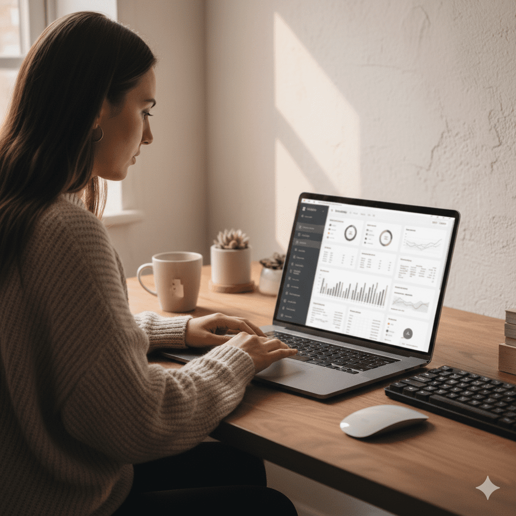 Marketer using AI tools for email marketing on a laptop analytics dashboard