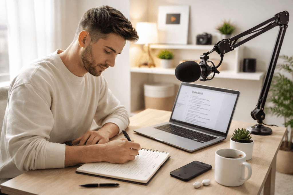 Creator planning a YouTube video while testing ai tools for youtube scripts on a laptop