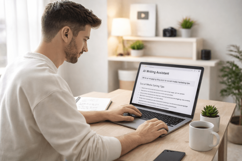 Content creator testing an AI writing assistant while researching Jasper AI pros and cons